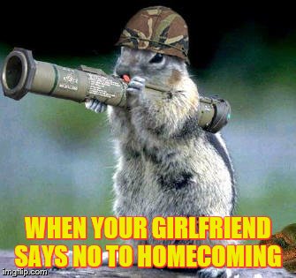 Bazooka Squirrel | WHEN YOUR GIRLFRIEND SAYS NO TO HOMECOMING | image tagged in memes,bazooka squirrel | made w/ Imgflip meme maker