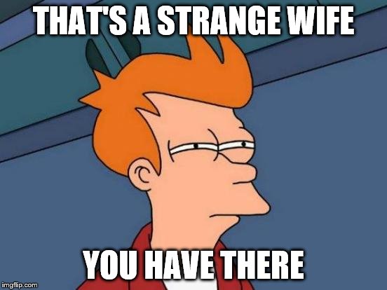 Futurama Fry Meme | THAT'S A STRANGE WIFE YOU HAVE THERE | image tagged in memes,futurama fry | made w/ Imgflip meme maker