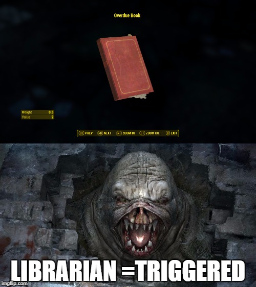 Librarians don't like overdue books | LIBRARIAN =TRIGGERED | image tagged in memes,funny,metro,librarian,book,triggered | made w/ Imgflip meme maker