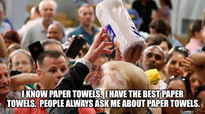 The Art of the Paper Towels | I KNOW PAPER TOWELS.  I HAVE THE BEST PAPER TOWELS.  PEOPLE ALWAYS ASK ME ABOUT PAPER TOWELS. | image tagged in memes,donald trump,paper towels | made w/ Imgflip meme maker