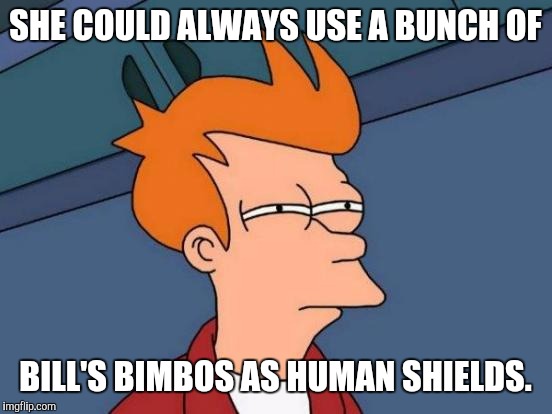 Futurama Fry Meme | SHE COULD ALWAYS USE A BUNCH OF BILL'S BIMBOS AS HUMAN SHIELDS. | image tagged in memes,futurama fry | made w/ Imgflip meme maker