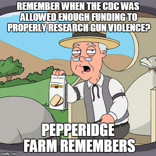 Pepperidge Farm Remembers Meme | REMEMBER WHEN THE CDC WAS ALLOWED ENOUGH FUNDING TO PROPERLY RESEARCH GUN VIOLENCE? PEPPERIDGE FARM REMEMBERS | image tagged in memes,pepperidge farm remembers | made w/ Imgflip meme maker