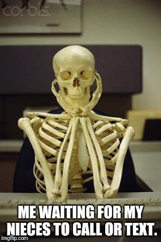 waiting skeleton | ME WAITING FOR MY NIECES TO CALL OR TEXT. | image tagged in waiting skeleton | made w/ Imgflip meme maker