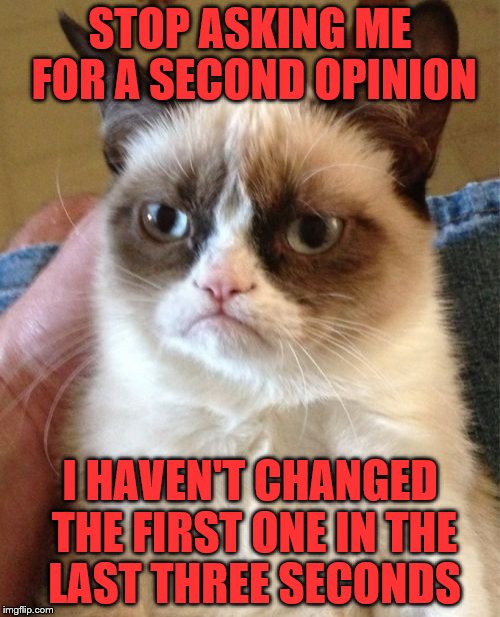 Grumpy Cat | STOP ASKING ME FOR A SECOND OPINION; I HAVEN'T CHANGED THE FIRST ONE IN THE LAST THREE SECONDS | image tagged in memes,grumpy cat | made w/ Imgflip meme maker
