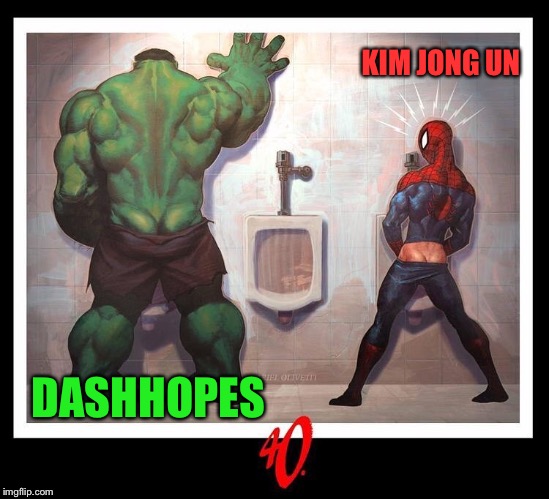DashHopes vs Kim Jong Un | KIM JONG UN; DASHHOPES | image tagged in the hulk,spiderman,piss | made w/ Imgflip meme maker