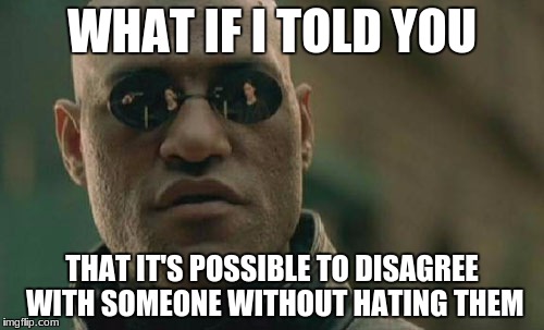Matrix Morpheus Meme | WHAT IF I TOLD YOU; THAT IT'S POSSIBLE TO DISAGREE WITH SOMEONE WITHOUT HATING THEM | image tagged in memes,matrix morpheus | made w/ Imgflip meme maker
