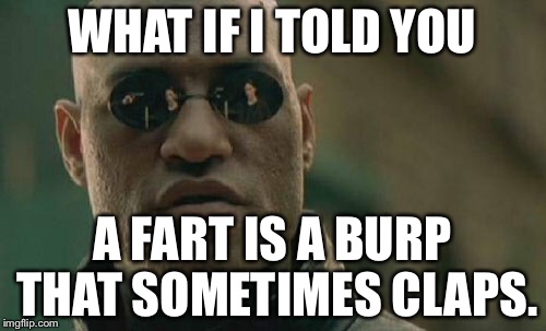 A fart is a burp that sometimes claps | WHAT IF I TOLD YOU; A FART IS A BURP THAT SOMETIMES CLAPS. | image tagged in memes,matrix morpheus,fart,flatulence,clapping,burp | made w/ Imgflip meme maker