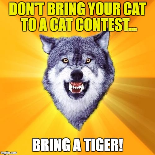 Courage Wolf Meme | DON'T BRING YOUR CAT TO A CAT CONTEST... BRING A TIGER! | image tagged in memes,courage wolf | made w/ Imgflip meme maker