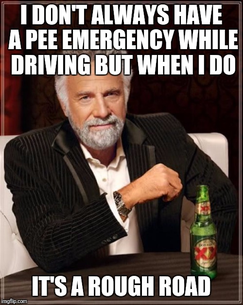 The Most Interesting Man In The World | I DON'T ALWAYS HAVE A PEE EMERGENCY WHILE DRIVING BUT WHEN I DO; IT'S A ROUGH ROAD | image tagged in memes,the most interesting man in the world | made w/ Imgflip meme maker
