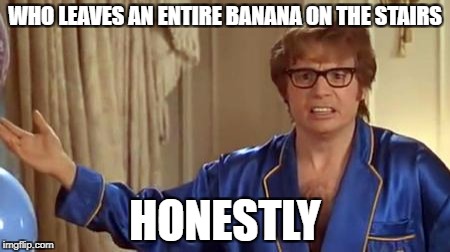 Austin Powers Honestly | WHO LEAVES AN ENTIRE BANANA ON THE STAIRS; HONESTLY | image tagged in memes,austin powers honestly,AdviceAnimals | made w/ Imgflip meme maker