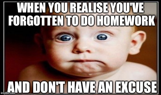 #ihatehomework | WHEN YOU REALISE YOU'VE FORGOTTEN TO DO HOMEWORK; AND DON'T HAVE AN EXCUSE | image tagged in homework | made w/ Imgflip meme maker