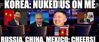 Nuked US | KOREA: NUKED US ON ME; RUSSIA, CHINA, MEXICO: CHEERS! | image tagged in kim jong un,vladimir putin,bar | made w/ Imgflip meme maker