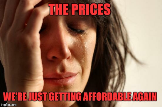 First World Problems Meme | THE PRICES WE'RE JUST GETTING AFFORDABLE AGAIN | image tagged in memes,first world problems | made w/ Imgflip meme maker