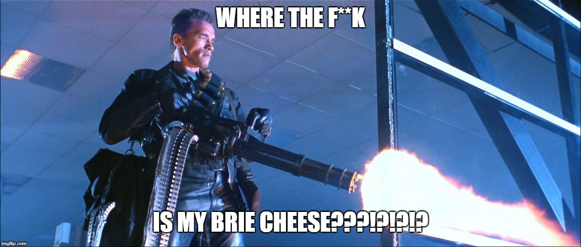 Angry yankinator | WHERE THE F**K; IS MY BRIE CHEESE???!?!?!? | image tagged in terminator 2,terminator arnold schwarzenegger,terminator,terminator meme | made w/ Imgflip meme maker