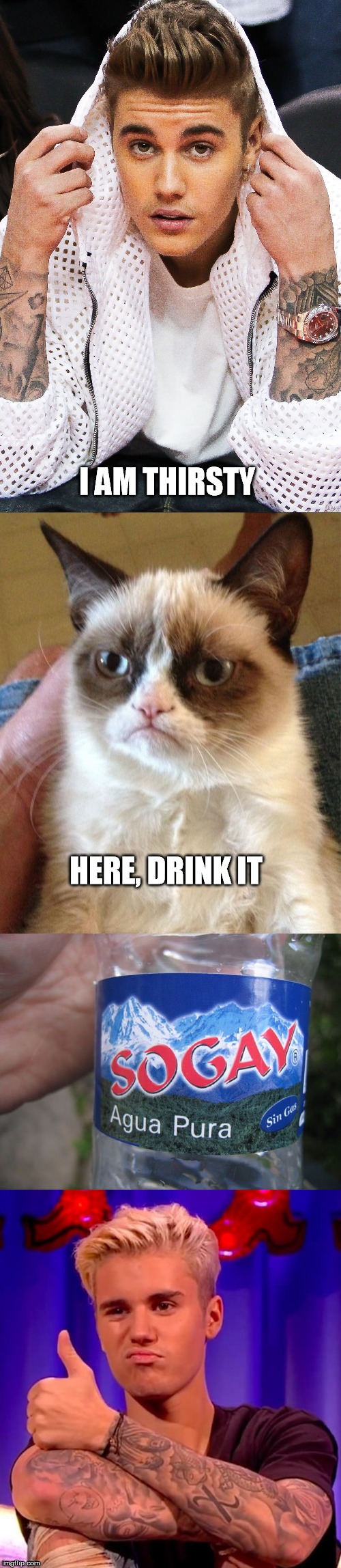 I AM THIRSTY; HERE, DRINK IT | image tagged in grumpy cat,justin bieber,nsfw | made w/ Imgflip meme maker