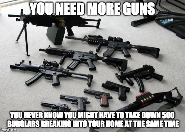 You Need More Guns | YOU NEED MORE GUNS; YOU NEVER KNOW YOU MIGHT HAVE TO TAKE DOWN 500 BURGLARS BREAKING INTO YOUR HOME AT THE SAME TIME | image tagged in guns,gun control | made w/ Imgflip meme maker