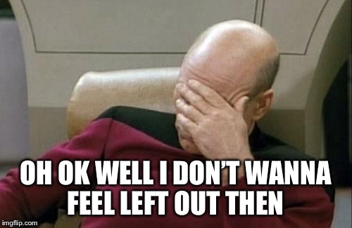 Captain Picard Facepalm Meme | OH OK WELL I DON’T WANNA FEEL LEFT OUT THEN | image tagged in memes,captain picard facepalm | made w/ Imgflip meme maker
