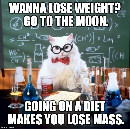 Because isn't Fat matter? | WANNA LOSE WEIGHT? GO TO THE MOON. GOING ON A DIET MAKES YOU LOSE MASS. | image tagged in memes,chemistry cat,lose weight | made w/ Imgflip meme maker