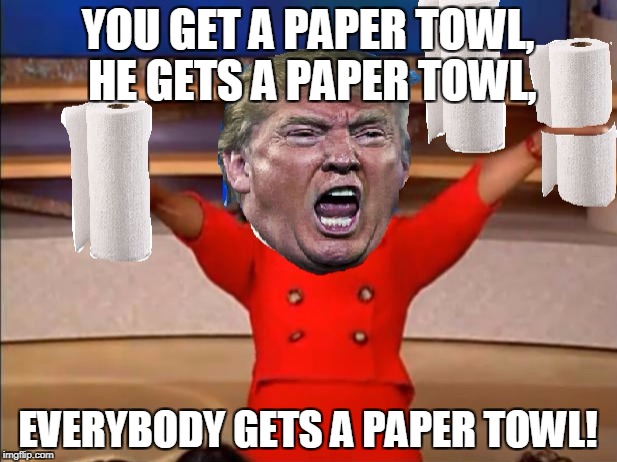 Trump paper towls | YOU GET A PAPER TOWL, HE GETS A PAPER TOWL, EVERYBODY GETS A PAPER TOWL! | image tagged in donald trump,trump,toilet paper,relief,memes | made w/ Imgflip meme maker