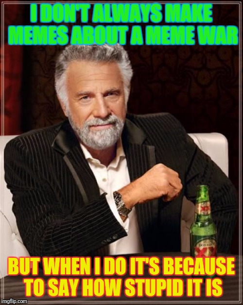 About meme wars | I DON'T ALWAYS MAKE MEMES ABOUT A MEME WAR; BUT WHEN I DO IT'S BECAUSE TO SAY HOW STUPID IT IS | image tagged in memes,the most interesting man in the world,meme war | made w/ Imgflip meme maker