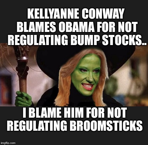 KELLYANNE CONWAY BLAMES OBAMA FOR NOT REGULATING BUMP STOCKS.. I BLAME HIM FOR NOT REGULATING BROOMSTICKS | image tagged in kelly anne conway witch | made w/ Imgflip meme maker