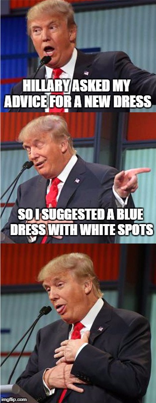 Bad Pun Trump | HILLARY ASKED MY ADVICE FOR A NEW DRESS; SO I SUGGESTED A BLUE DRESS WITH WHITE SPOTS | image tagged in bad pun trump,memes,hillary,trump | made w/ Imgflip meme maker