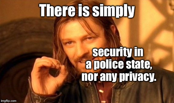 One Does Not Simply Meme | There is simply security in a police state, nor any privacy. | image tagged in memes,one does not simply | made w/ Imgflip meme maker