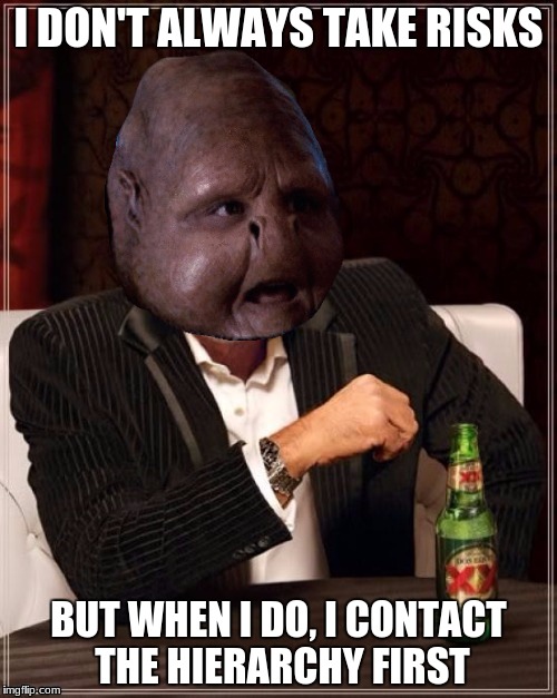 I DON'T ALWAYS TAKE RISKS; BUT WHEN I DO, I CONTACT THE HIERARCHY FIRST | image tagged in the most interesting alien in the world | made w/ Imgflip meme maker