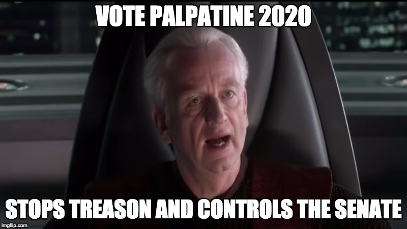 I am the senate | VOTE PALPATINE 2020; STOPS TREASON AND CONTROLS THE SENATE | image tagged in i am the senate | made w/ Imgflip meme maker