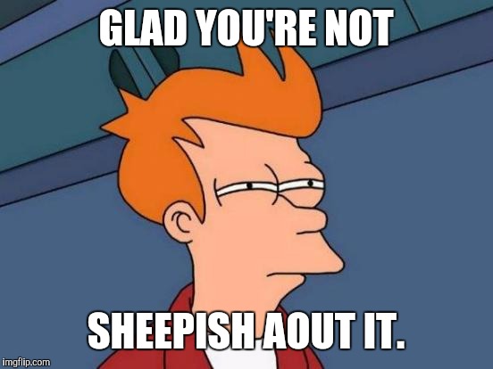 Futurama Fry Meme | GLAD YOU'RE NOT SHEEPISH AOUT IT. | image tagged in memes,futurama fry | made w/ Imgflip meme maker