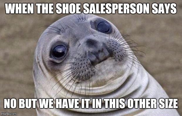 The face you make | WHEN THE SHOE SALESPERSON SAYS; NO BUT WE HAVE IT IN THIS OTHER SIZE | image tagged in memes,awkward moment sealion | made w/ Imgflip meme maker