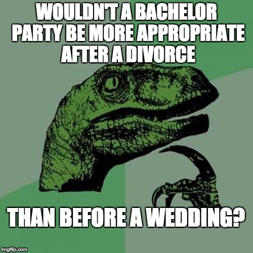 Philosoraptor | WOULDN'T A BACHELOR PARTY BE MORE APPROPRIATE AFTER A DIVORCE; THAN BEFORE A WEDDING? | image tagged in memes,philosoraptor | made w/ Imgflip meme maker