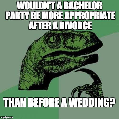 Philosoraptor Meme | WOULDN'T A BACHELOR PARTY BE MORE APPROPRIATE AFTER A DIVORCE; THAN BEFORE A WEDDING? | image tagged in memes,philosoraptor | made w/ Imgflip meme maker