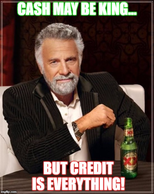 The Most Interesting Man In The World | CASH MAY BE KING... BUT CREDIT IS EVERYTHING! | image tagged in memes,the most interesting man in the world | made w/ Imgflip meme maker