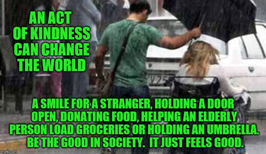 An Act of Kindness Can Change The World | AN ACT OF KINDNESS CAN CHANGE THE WORLD; A SMILE FOR A STRANGER, HOLDING A DOOR OPEN, DONATING FOOD, HELPING AN ELDERLY PERSON LOAD GROCERIES OR HOLDING AN UMBRELLA.  BE THE GOOD IN SOCIETY.  IT JUST FEELS GOOD. | image tagged in memes,kindness,help others,be good | made w/ Imgflip meme maker