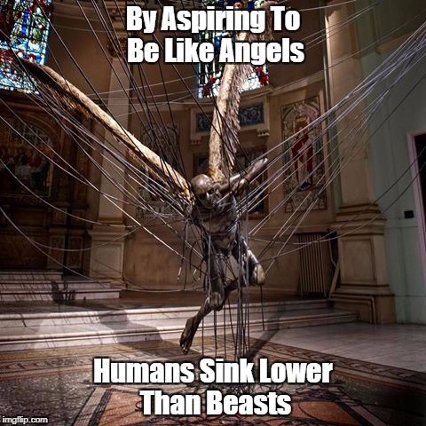 "By Aspiring To Be Like Angels..." | By Aspiring To Be Like Angels; Humans Sink Lower Than Beasts | image tagged in angels,beasts,too pure principles,perfectionism is a curse | made w/ Imgflip meme maker