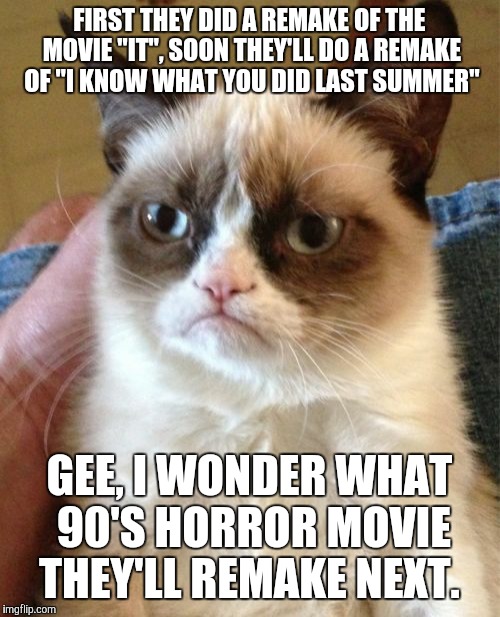 Probably not "Scream". Because you never know, they might do a "Scream 5". | FIRST THEY DID A REMAKE OF THE MOVIE "IT", SOON THEY'LL DO A REMAKE OF "I KNOW WHAT YOU DID LAST SUMMER"; GEE, I WONDER WHAT 90'S HORROR MOVIE THEY'LL REMAKE NEXT. | image tagged in memes,grumpy cat,throwback thursday,movies,remake,horror movie | made w/ Imgflip meme maker