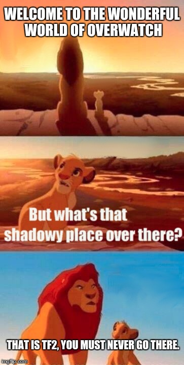 Simba Shadowy Place Meme |  WELCOME TO THE WONDERFUL WORLD OF OVERWATCH; THAT IS TF2, YOU MUST NEVER GO THERE. | image tagged in memes,simba shadowy place | made w/ Imgflip meme maker
