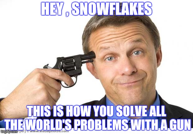 If you can't have the country , you'll just destroy it | HEY , SNOWFLAKES; THIS IS HOW YOU SOLVE ALL THE WORLD'S PROBLEMS WITH A GUN | image tagged in gun to head,libtards,temper,tantrum,violence,problem solved | made w/ Imgflip meme maker