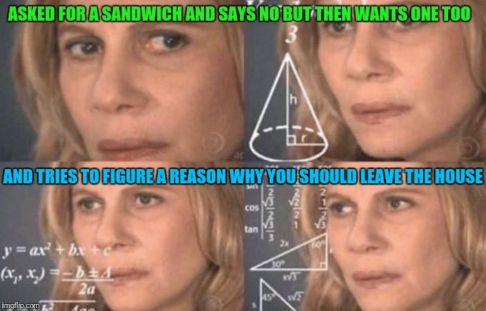 Figure out woman | ASKED FOR A SANDWICH AND SAYS NO BUT THEN WANTS ONE TOO; AND TRIES TO FIGURE A REASON WHY YOU SHOULD LEAVE THE HOUSE | image tagged in figure out woman | made w/ Imgflip meme maker