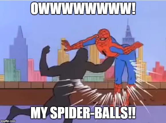 spiderman hit | OWWWWWWWW! MY SPIDER-BALLS!! | image tagged in spiderman hit | made w/ Imgflip meme maker