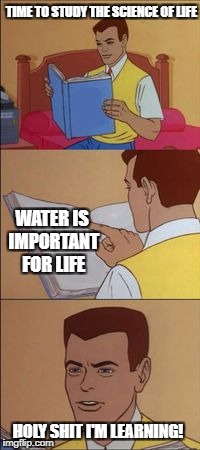 Spiderman book | TIME TO STUDY THE SCIENCE OF LIFE; WATER IS IMPORTANT FOR LIFE; HOLY SHIT I'M LEARNING! | image tagged in spiderman book | made w/ Imgflip meme maker