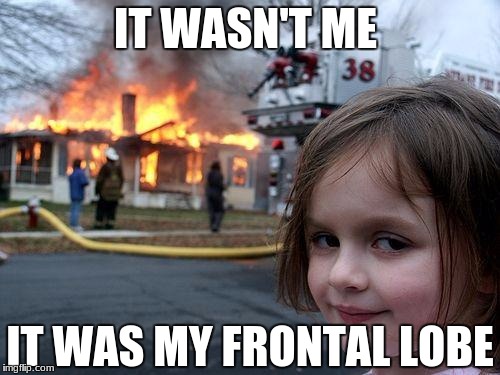 Disaster Girl Meme | IT WASN'T ME; IT WAS MY FRONTAL LOBE | image tagged in memes,disaster girl | made w/ Imgflip meme maker