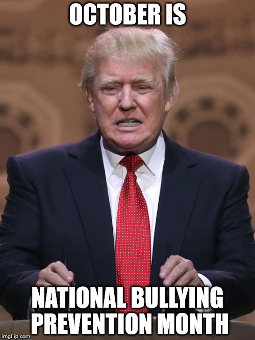 Donald Trump | OCTOBER IS; NATIONAL BULLYING PREVENTION MONTH | image tagged in donald trump | made w/ Imgflip meme maker