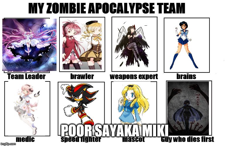 My Zombie Apocalypse Team | POOR SAYAKA MIKI | image tagged in my zombie apocalypse team | made w/ Imgflip meme maker