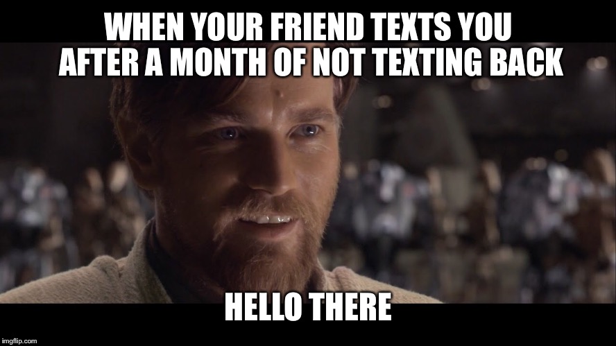 Maybe i just don’t have friends  | WHEN YOUR FRIEND TEXTS YOU AFTER A MONTH OF NOT TEXTING BACK; HELLO THERE | image tagged in obi wan kenobi,hello there,text | made w/ Imgflip meme maker