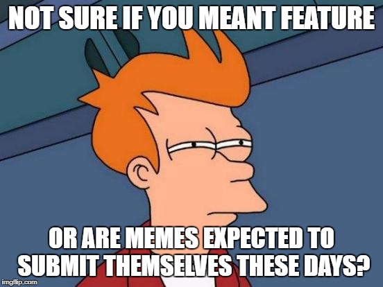 Futurama Fry Meme | NOT SURE IF YOU MEANT FEATURE OR ARE MEMES EXPECTED TO SUBMIT THEMSELVES THESE DAYS? | image tagged in memes,futurama fry | made w/ Imgflip meme maker