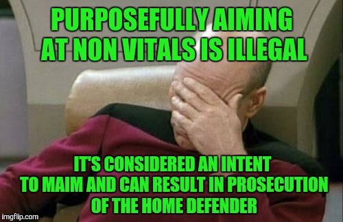 Captain Picard Facepalm Meme | PURPOSEFULLY AIMING AT NON VITALS IS ILLEGAL IT'S CONSIDERED AN INTENT TO MAIM AND CAN RESULT IN PROSECUTION OF THE HOME DEFENDER | image tagged in memes,captain picard facepalm | made w/ Imgflip meme maker