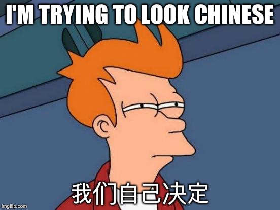 Futurama Fry | I'M TRYING TO LOOK CHINESE; 我们自己决定 | image tagged in memes,futurama fry | made w/ Imgflip meme maker