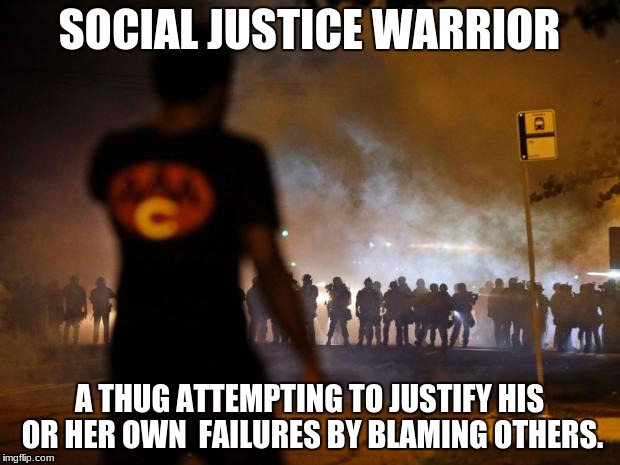 ferguson protest  | SOCIAL JUSTICE WARRIOR; A THUG ATTEMPTING TO JUSTIFY HIS OR HER OWN  FAILURES BY BLAMING OTHERS. | image tagged in ferguson protest | made w/ Imgflip meme maker